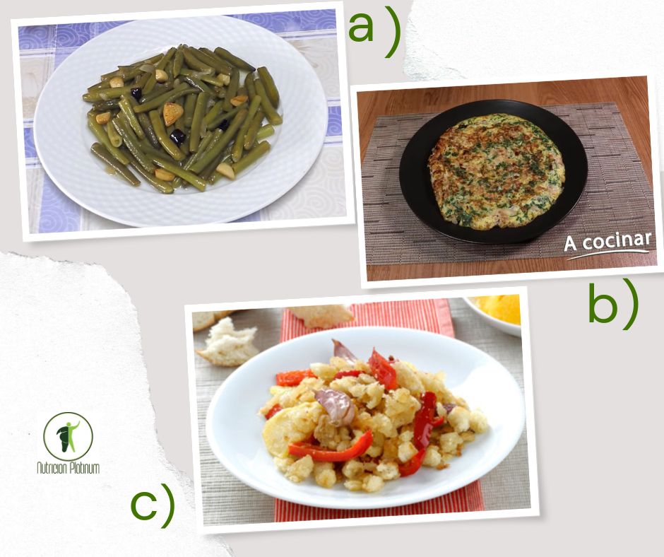 Judias verdes al ajillo con tortilla de espinacas y migas de pan